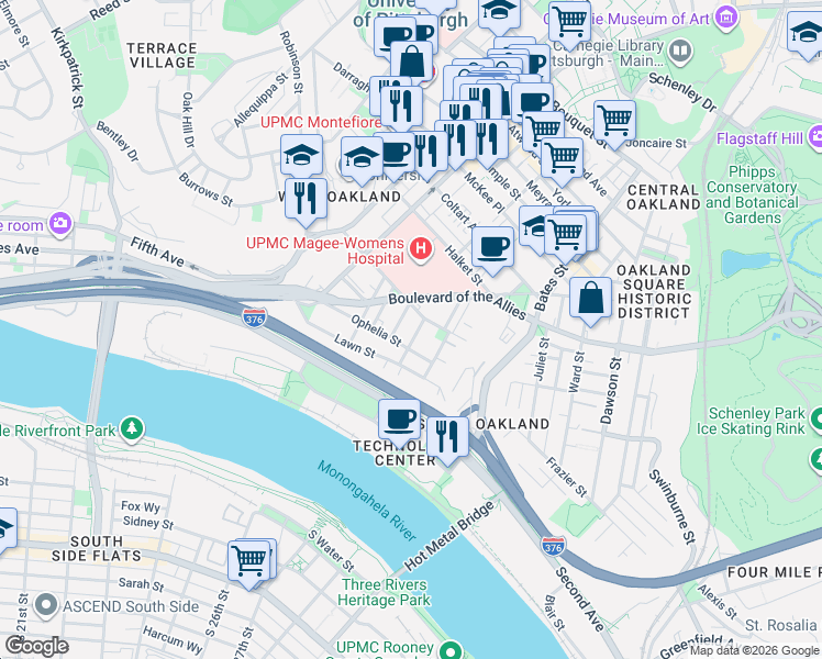 map of restaurants, bars, coffee shops, grocery stores, and more near in Pittsburgh
