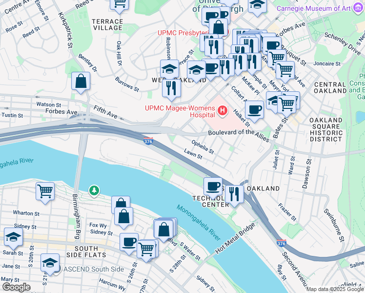 map of restaurants, bars, coffee shops, grocery stores, and more near 202 Ophelia Street in Pittsburgh