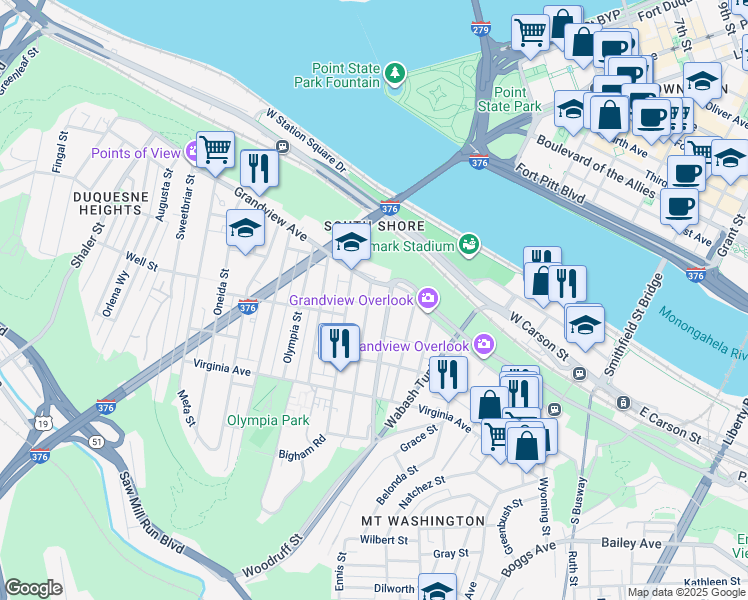 map of restaurants, bars, coffee shops, grocery stores, and more near 600 Grandview Avenue in Pittsburgh