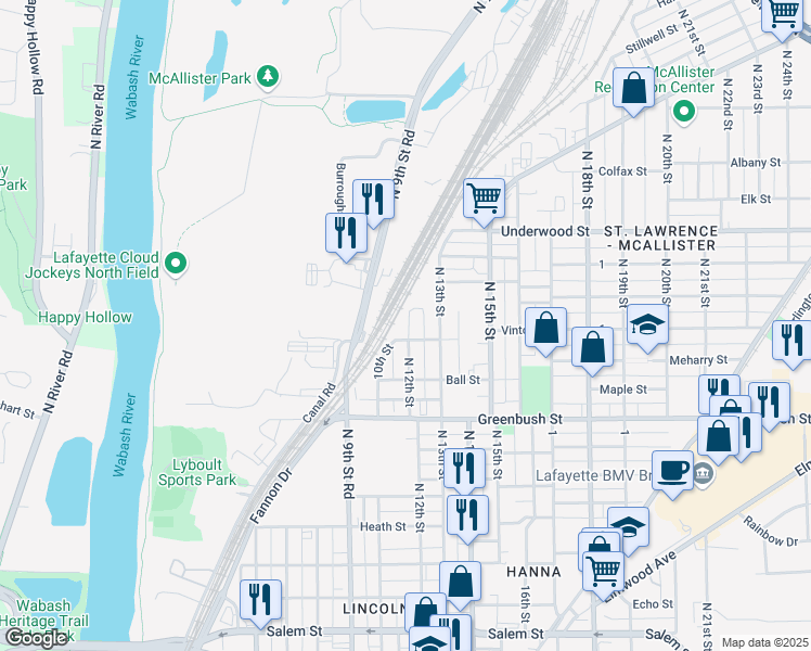 map of restaurants, bars, coffee shops, grocery stores, and more near 1727 North 12th Street in Lafayette