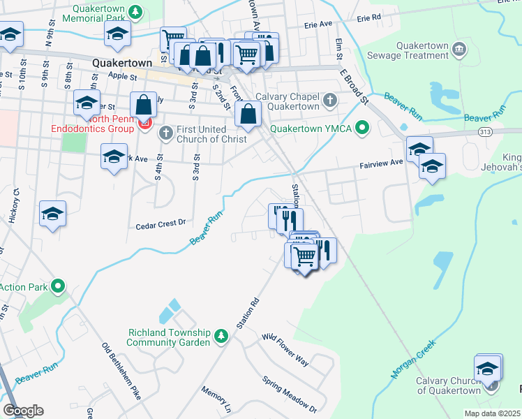 map of restaurants, bars, coffee shops, grocery stores, and more near 210 Windsor Court in Quakertown