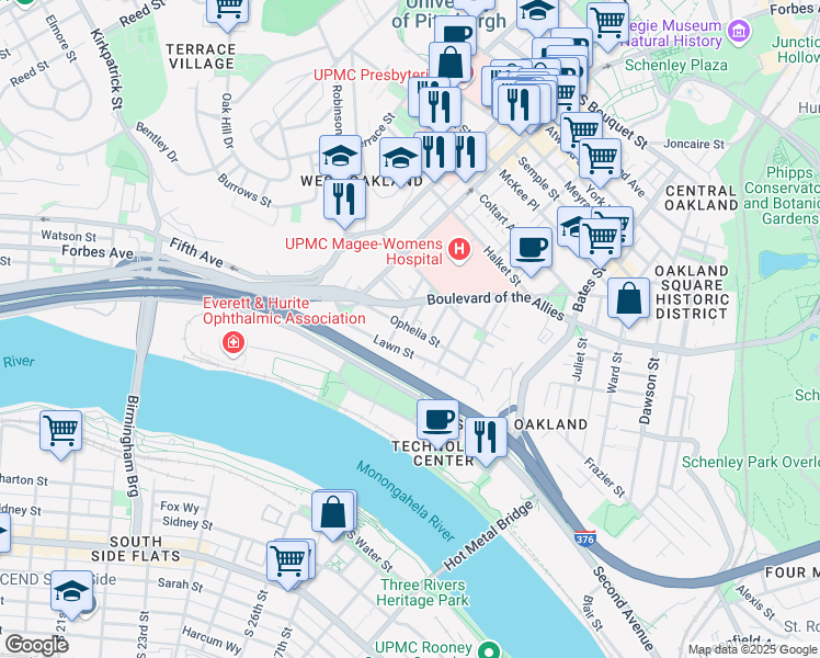 map of restaurants, bars, coffee shops, grocery stores, and more near Ophelia St & Craft Pl in Pittsburgh