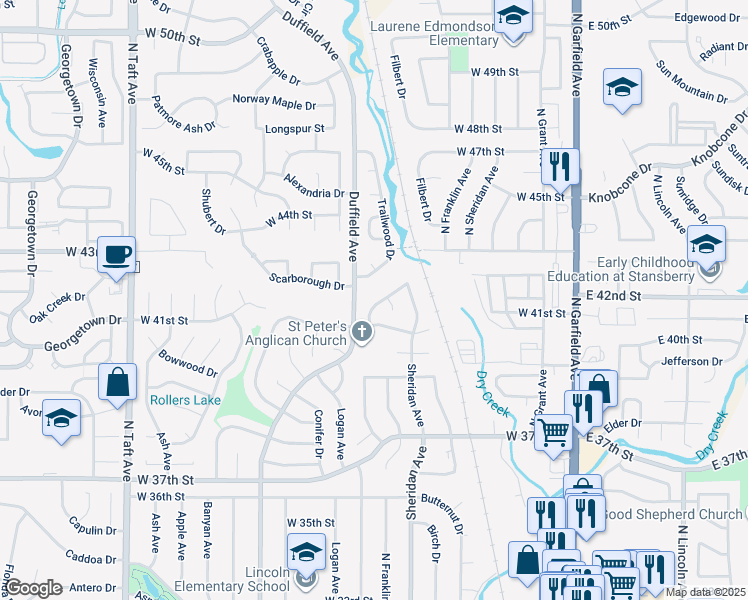 map of restaurants, bars, coffee shops, grocery stores, and more near 4043 Burr Oak Drive in Loveland