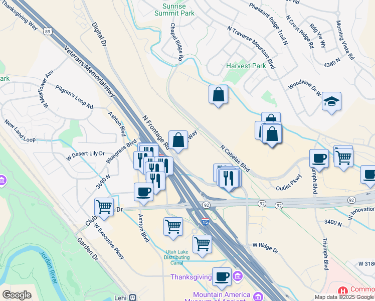map of restaurants, bars, coffee shops, grocery stores, and more near 3900 Adobe Way in Lehi
