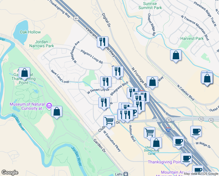 map of restaurants, bars, coffee shops, grocery stores, and more near 3086 North Desert Lily Drive in Lehi