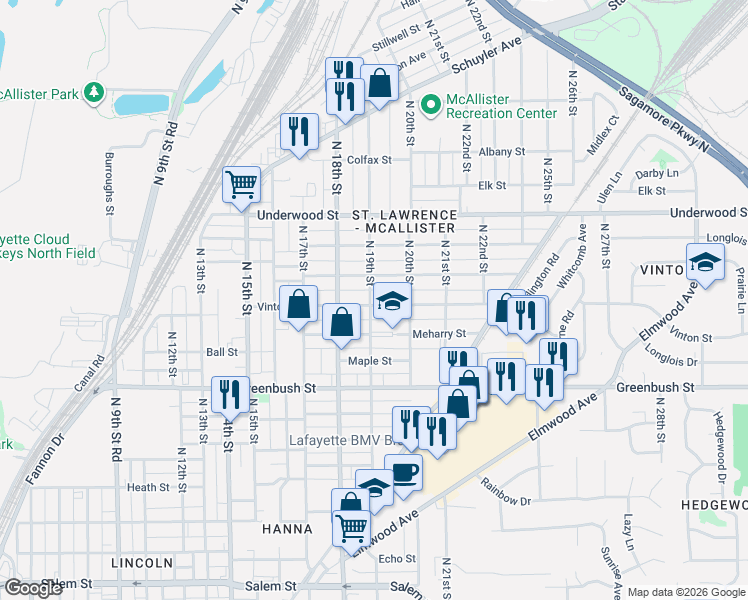 map of restaurants, bars, coffee shops, grocery stores, and more near 1915 Perrine Street in Lafayette