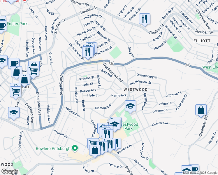 map of restaurants, bars, coffee shops, grocery stores, and more near 1333 Preston Street in Pittsburgh