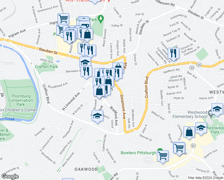 map of restaurants, bars, coffee shops, grocery stores, and more near 122 Noble Avenue in Pittsburgh