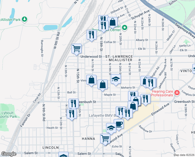 map of restaurants, bars, coffee shops, grocery stores, and more near 1709 Perrine Street in Lafayette