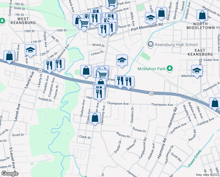 map of restaurants, bars, coffee shops, grocery stores, and more near 11 New Jersey 36 in Middletown Township