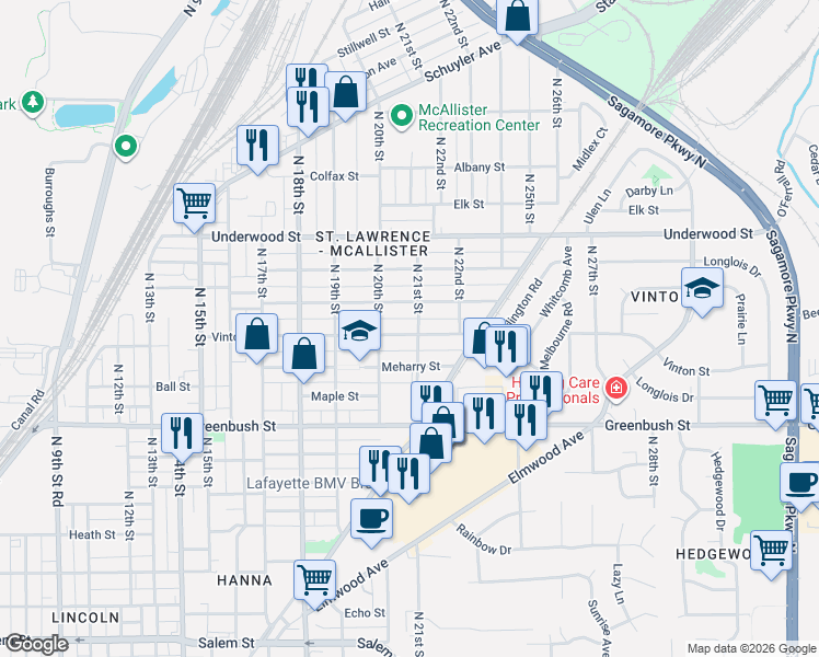 map of restaurants, bars, coffee shops, grocery stores, and more near in Lafayette