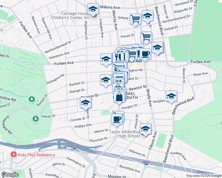 map of restaurants, bars, coffee shops, grocery stores, and more near 5706 Bartlett Street in Pittsburgh