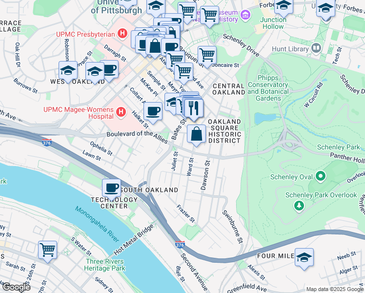 map of restaurants, bars, coffee shops, grocery stores, and more near in Pittsburgh