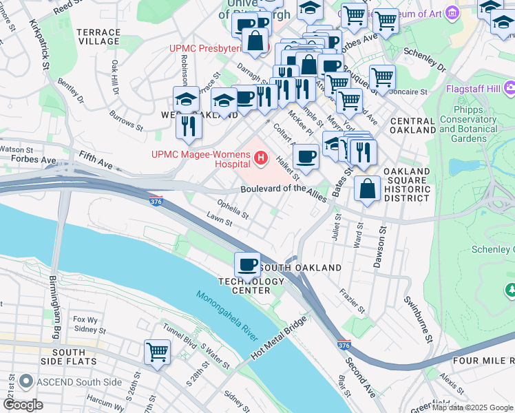 map of restaurants, bars, coffee shops, grocery stores, and more near in Pittsburgh