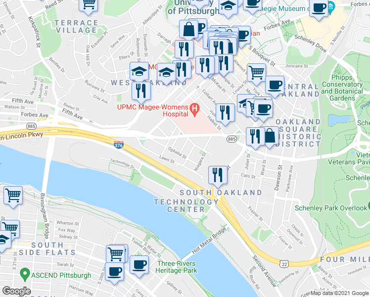 map of restaurants, bars, coffee shops, grocery stores, and more near 3240 Boulevard of the Allies in Pittsburgh