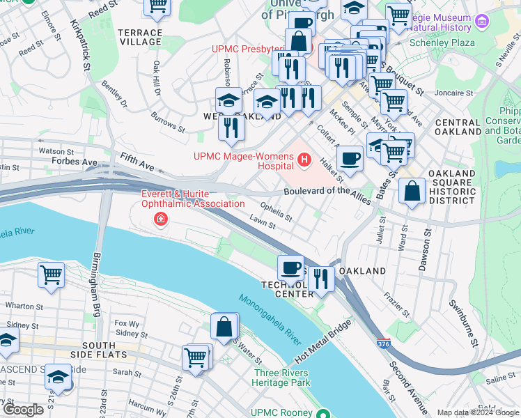 map of restaurants, bars, coffee shops, grocery stores, and more near 2848 Boulevard of the Allies in Pittsburgh