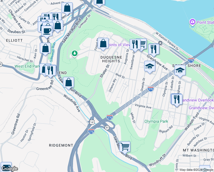 map of restaurants, bars, coffee shops, grocery stores, and more near 433 Edith Street in Pittsburgh
