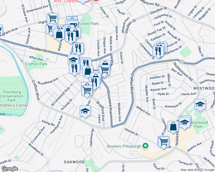 map of restaurants, bars, coffee shops, grocery stores, and more near 78 East Crafton Avenue in Crafton