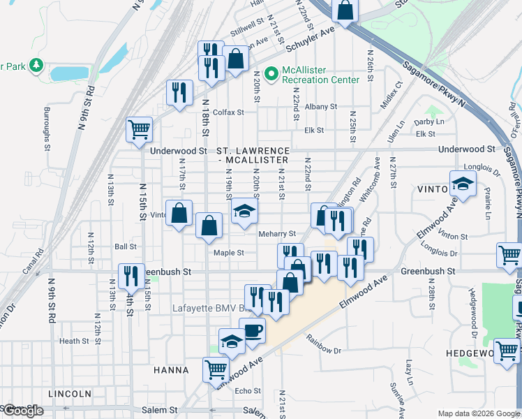 map of restaurants, bars, coffee shops, grocery stores, and more near in Lafayette
