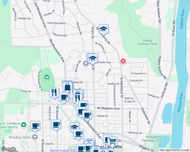 map of restaurants, bars, coffee shops, grocery stores, and more near 325 Jefferson Drive in West Lafayette