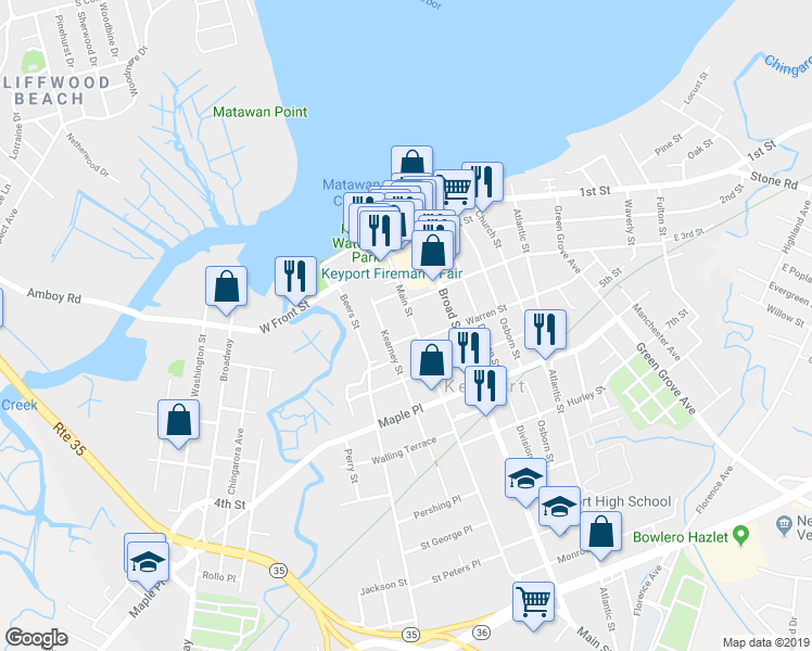 map of restaurants, bars, coffee shops, grocery stores, and more near 80 Main Street in Keyport