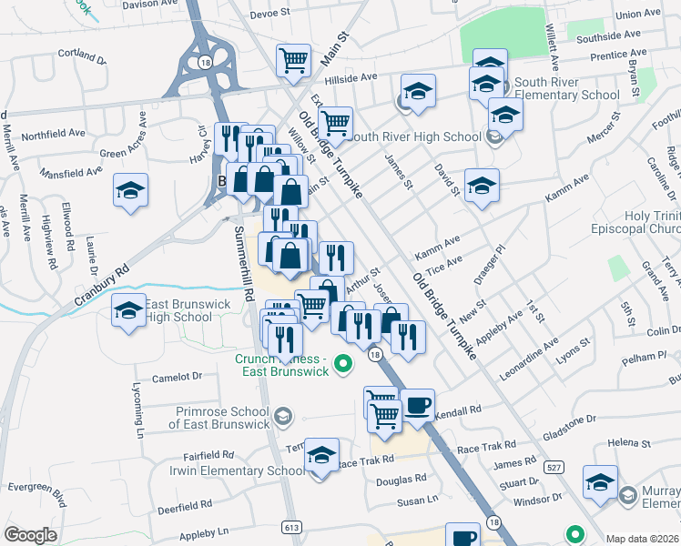 map of restaurants, bars, coffee shops, grocery stores, and more near 149 Prigmore Street in East Brunswick