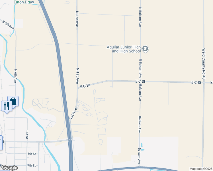 map of restaurants, bars, coffee shops, grocery stores, and more near 306 East C Street in Greeley