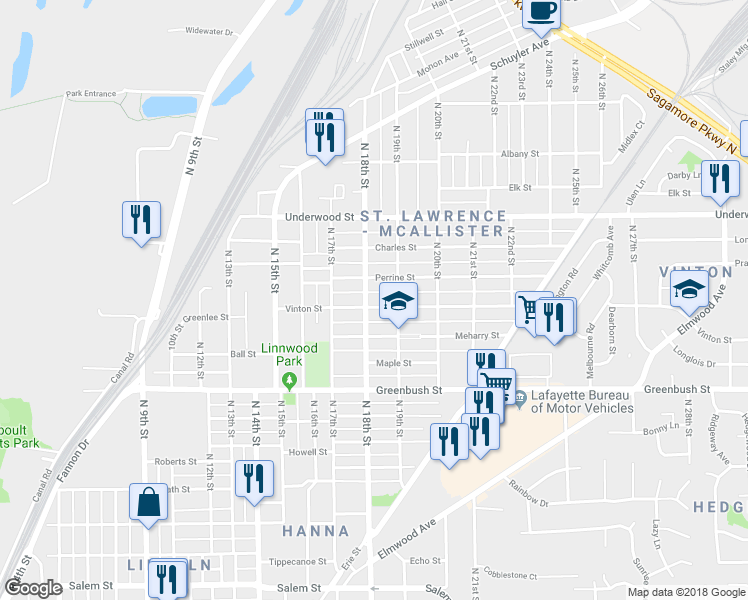 map of restaurants, bars, coffee shops, grocery stores, and more near 1804 Vinton Street in Lafayette