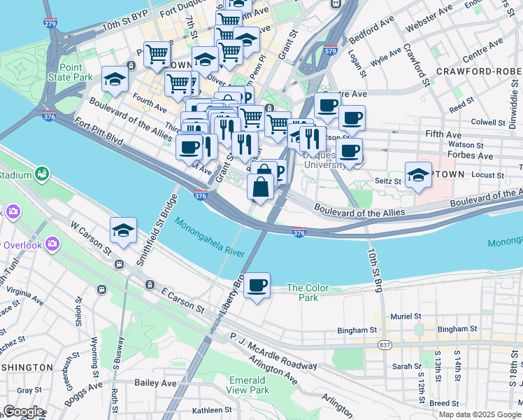 map of restaurants, bars, coffee shops, grocery stores, and more near 600 First Avenue in Pittsburgh