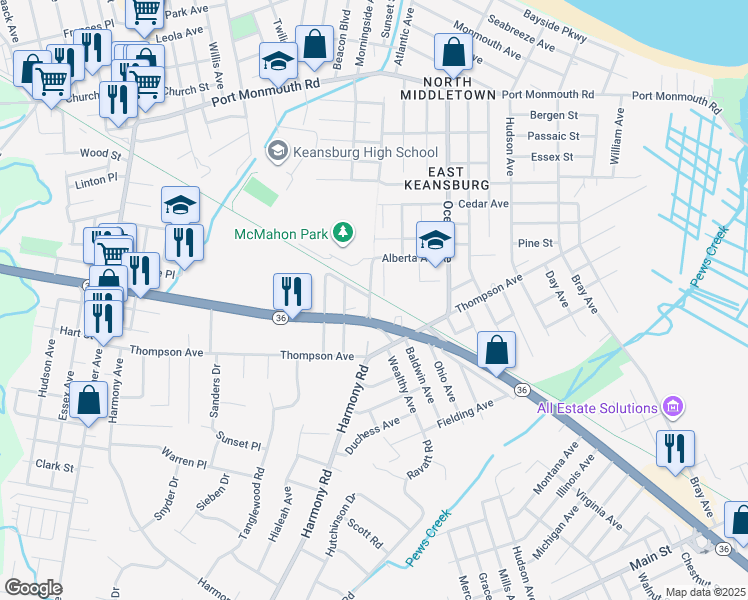 map of restaurants, bars, coffee shops, grocery stores, and more near 21 Grant Place in North Middletown