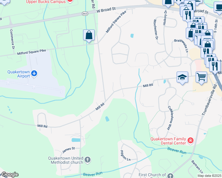 map of restaurants, bars, coffee shops, grocery stores, and more near 2506 Cedarfield Lane in Quakertown