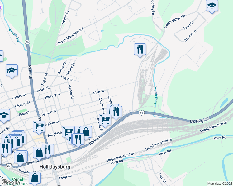map of restaurants, bars, coffee shops, grocery stores, and more near 1506 Pine Street in Hollidaysburg