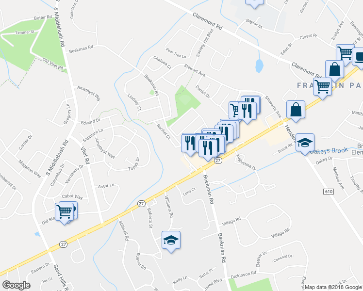 map of restaurants, bars, coffee shops, grocery stores, and more near Beekman Road & Rachel Court in Franklin Township