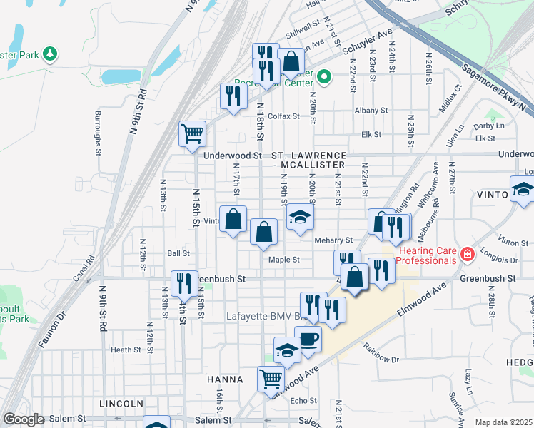 map of restaurants, bars, coffee shops, grocery stores, and more near in Lafayette