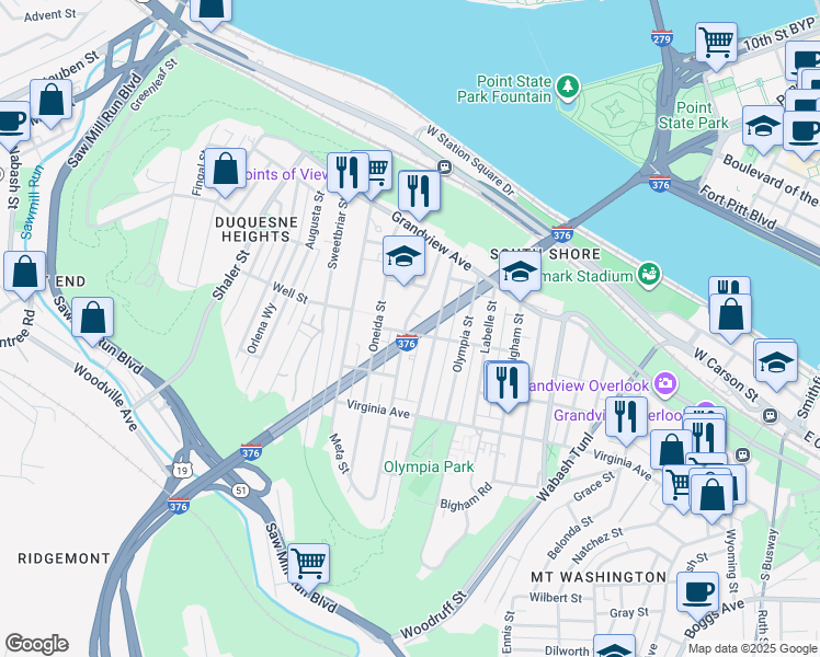 map of restaurants, bars, coffee shops, grocery stores, and more near 175 Meridan Street in Pittsburgh