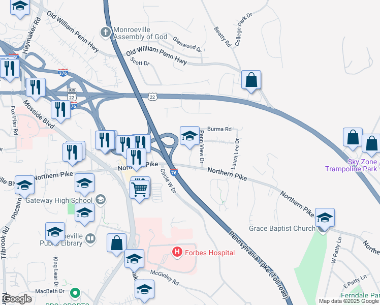 map of restaurants, bars, coffee shops, grocery stores, and more near 4369 Northern Pike in Monroeville