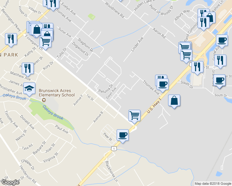 map of restaurants, bars, coffee shops, grocery stores, and more near 24 Sassafras Court in North Brunswick