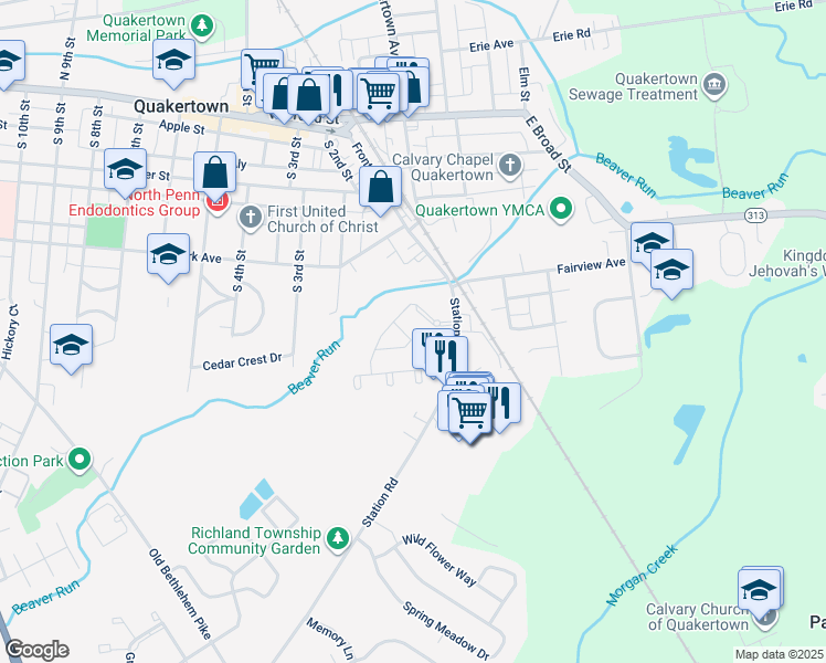 map of restaurants, bars, coffee shops, grocery stores, and more near 215 Windsor Court in Quakertown