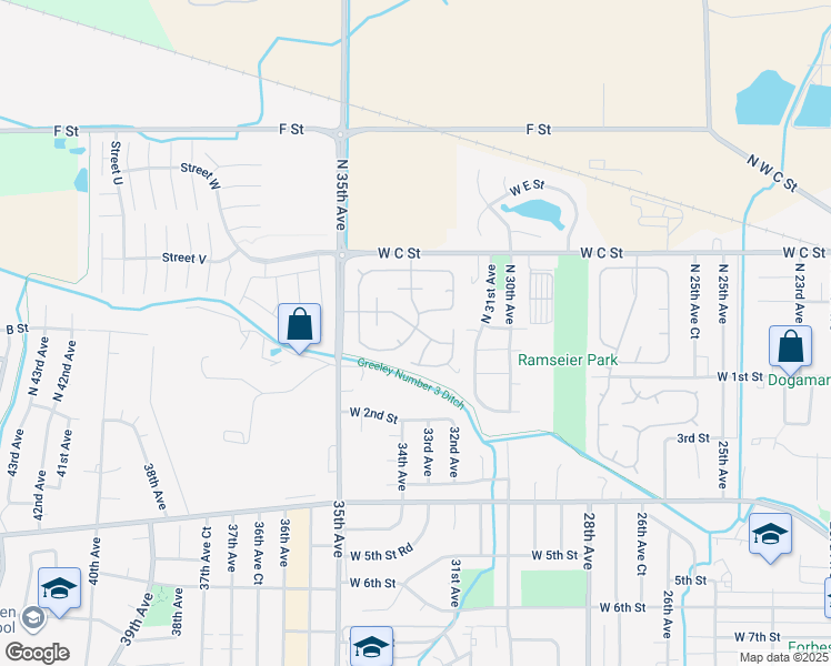 map of restaurants, bars, coffee shops, grocery stores, and more near 69 Village Drive in Greeley