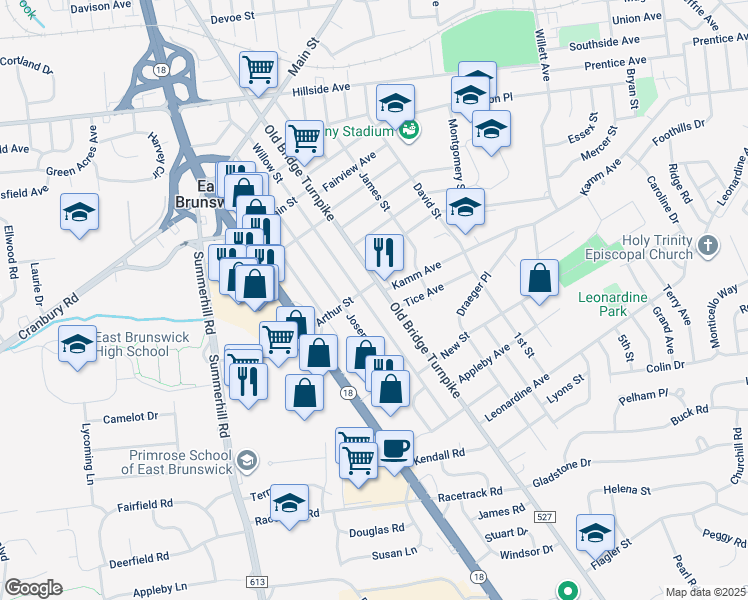 map of restaurants, bars, coffee shops, grocery stores, and more near 148 Old Bridge Turnpike in South River