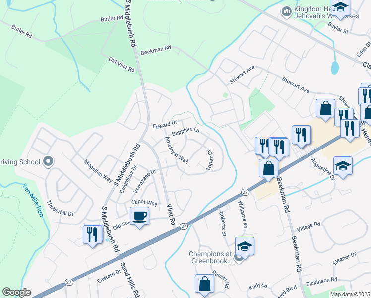 map of restaurants, bars, coffee shops, grocery stores, and more near 135 Topaz Drive in Franklin Township