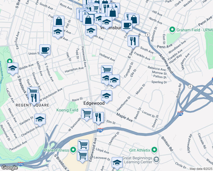 map of restaurants, bars, coffee shops, grocery stores, and more near 323 East Swissvale Avenue in Pittsburgh