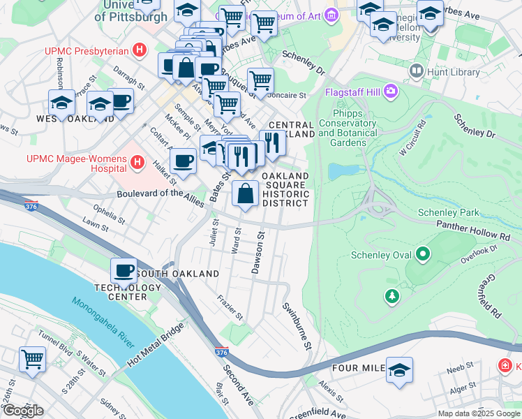 map of restaurants, bars, coffee shops, grocery stores, and more near 3435 Dawson Street in Pittsburgh