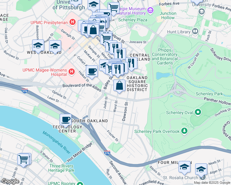 map of restaurants, bars, coffee shops, grocery stores, and more near 3441 Ward Street in Pittsburgh