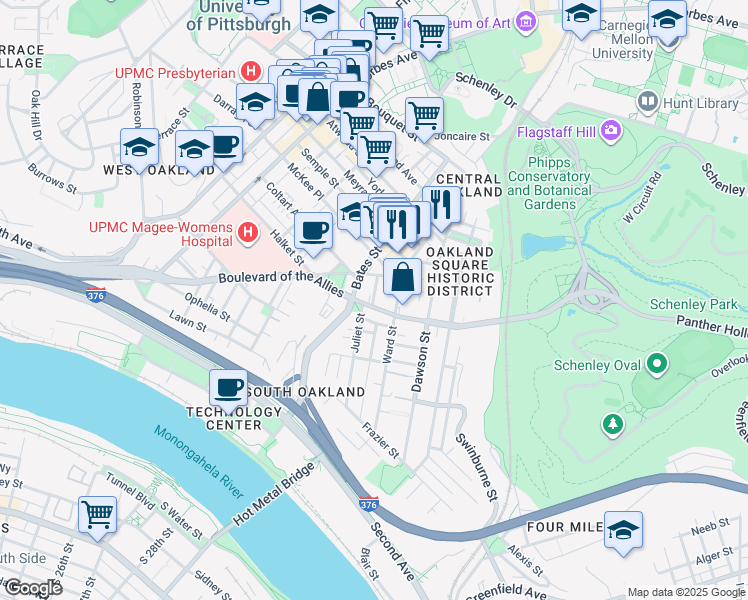 map of restaurants, bars, coffee shops, grocery stores, and more near in Pittsburgh