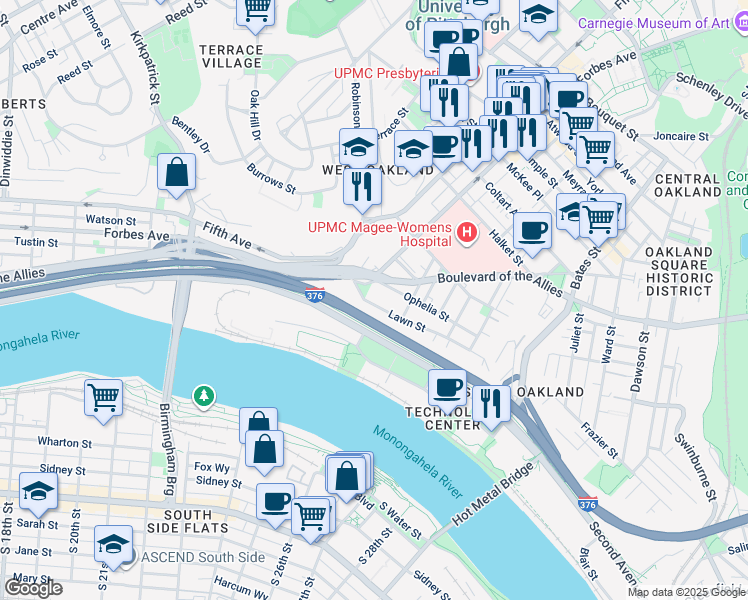 map of restaurants, bars, coffee shops, grocery stores, and more near 202 Ophelia Street in Pittsburgh