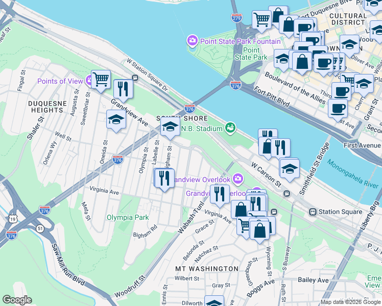 map of restaurants, bars, coffee shops, grocery stores, and more near 600 Grandview Avenue in Pittsburgh