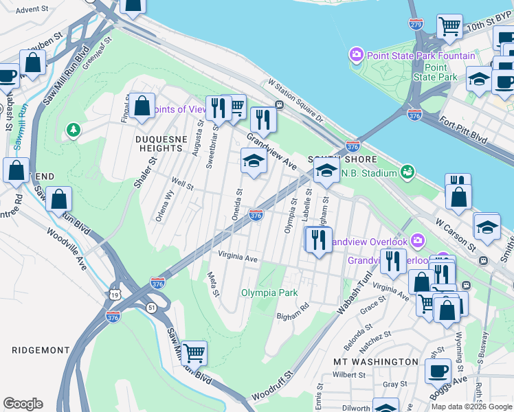 map of restaurants, bars, coffee shops, grocery stores, and more near 175 Meridan Street in Pittsburgh