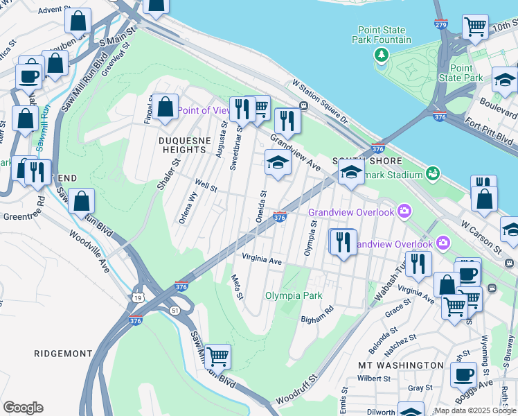 map of restaurants, bars, coffee shops, grocery stores, and more near 202 Oneida Street in Pittsburgh