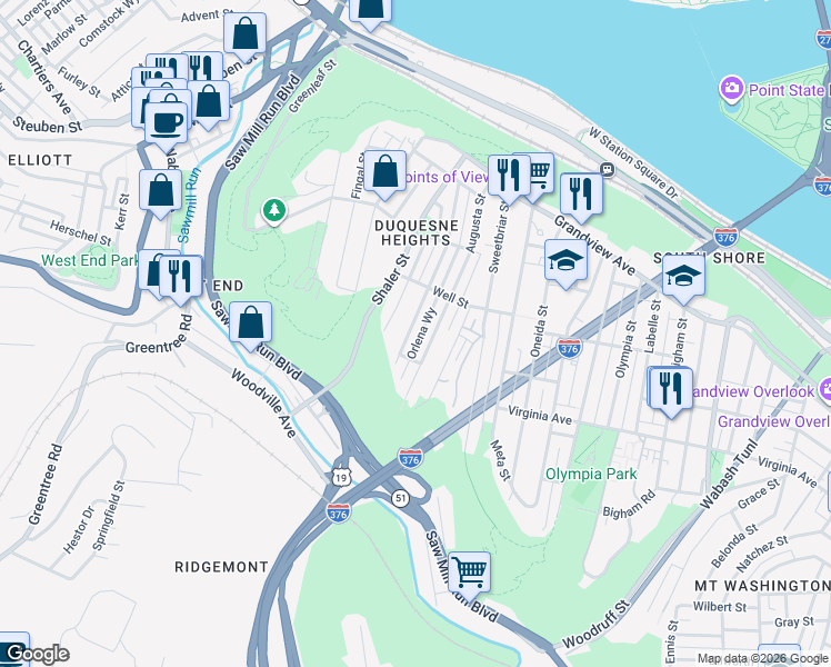 map of restaurants, bars, coffee shops, grocery stores, and more near 433 Edith Street in Pittsburgh
